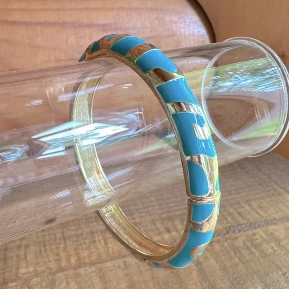 Turquoise Enameled Bangle Bracelet Clamper Style & Gold Tone Swirls Stack - Picture 4 of 7